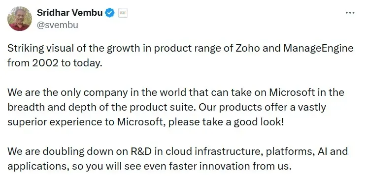 Sridhar Vembu's post on X