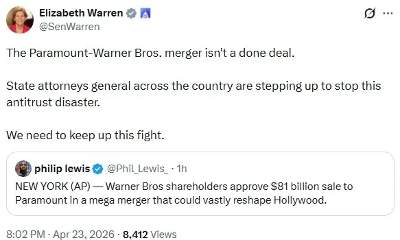 Senator Elizabeth Warren's post on X