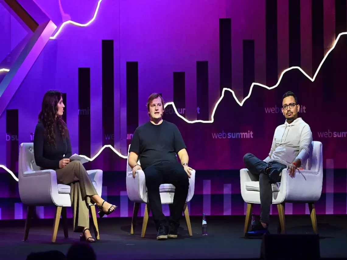 Stani Kulechov, Founder & CEO, Aave, and Sandeep Nailwal, Co-founder, Polygon, on Crypto stage during day two of Web Summit 2022 at the Altice Arena in Lisbon, Portugal. (Photo By Ben McShane/Sportsfile for Web Summit via Getty Images)