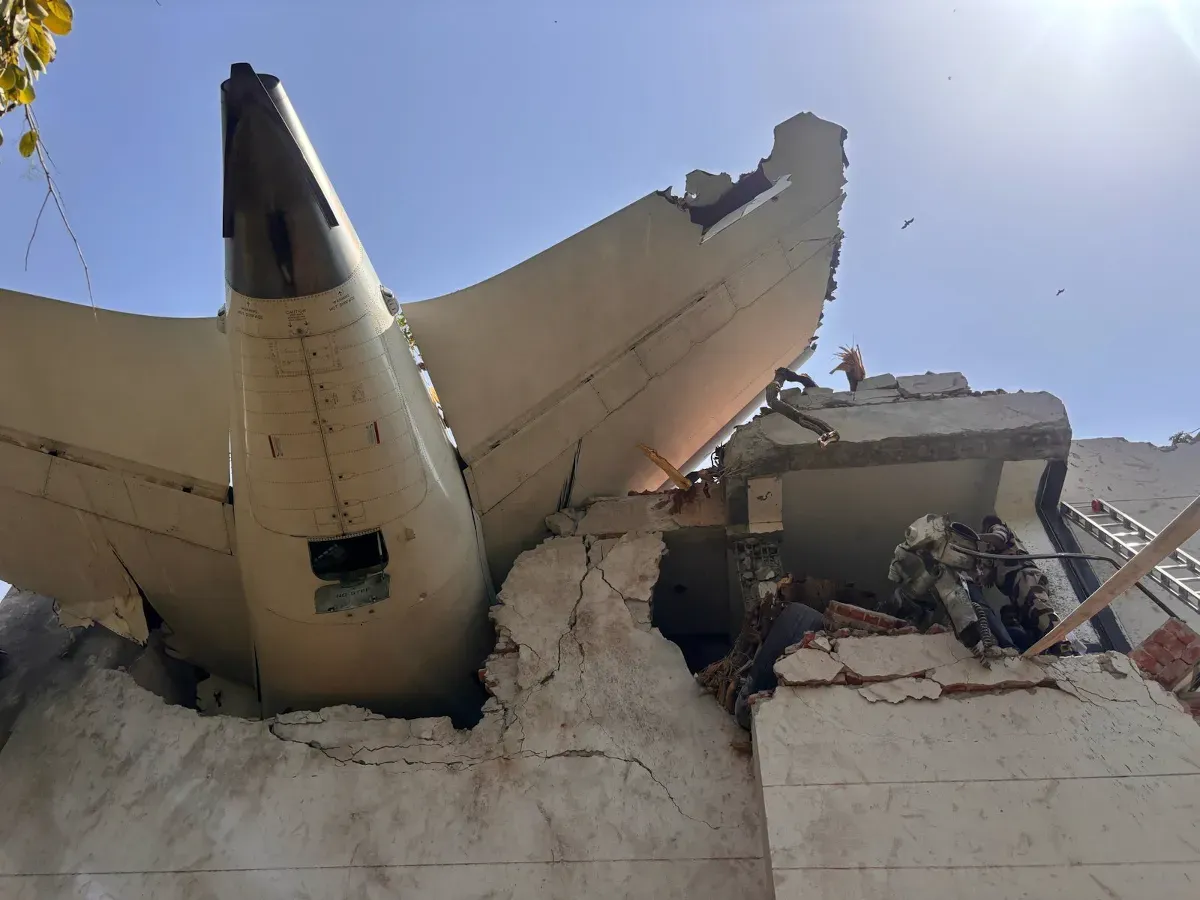  A view of the site after a plane crashed following takeoff from Sardar Vallabhbhai Patel International Airport in India's western state of Gujarat on June 12, 2025. (Photo by Central Industrial Security Force/Handout/Anadolu via Getty Images)