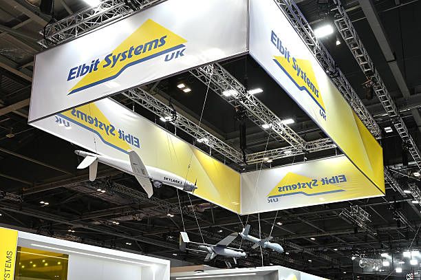 A general view of the Elbit Systems exhibition stand during the Security Equipment International (DSEI) at London Excel on September 09, 2025 in London, England. The Defence and Security Equipment International (DSEI) hosts defence equipment manufacturers from around the world at a 4-day exhibition in London. Anti-war protesters gather outside in the hope of preventing the event from going ahead. (Photo by John Keeble/Getty Images)