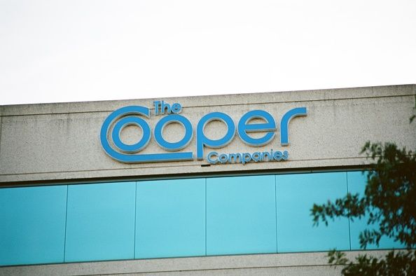 Close-up of sign with logo on facade of Cooper Companies in Pleasanton, California, March 26, 2018. (Photo by Smith Collection/Gado/Getty Images)