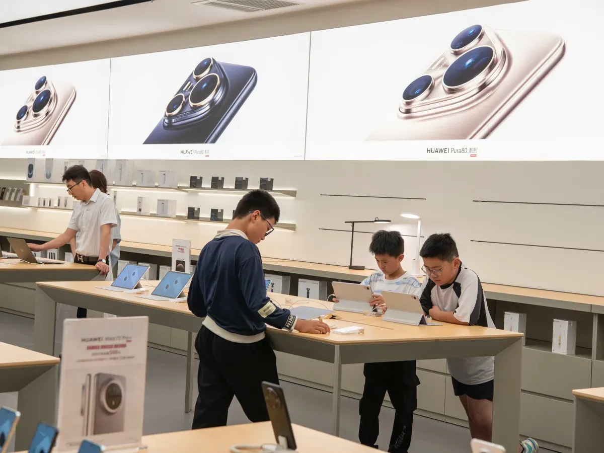 Customers shop in a Huawei store in Haian City, Jiangsu Province, China, on June 13, 2025. (Photo by Costfoto/NurPhoto via Getty Images)