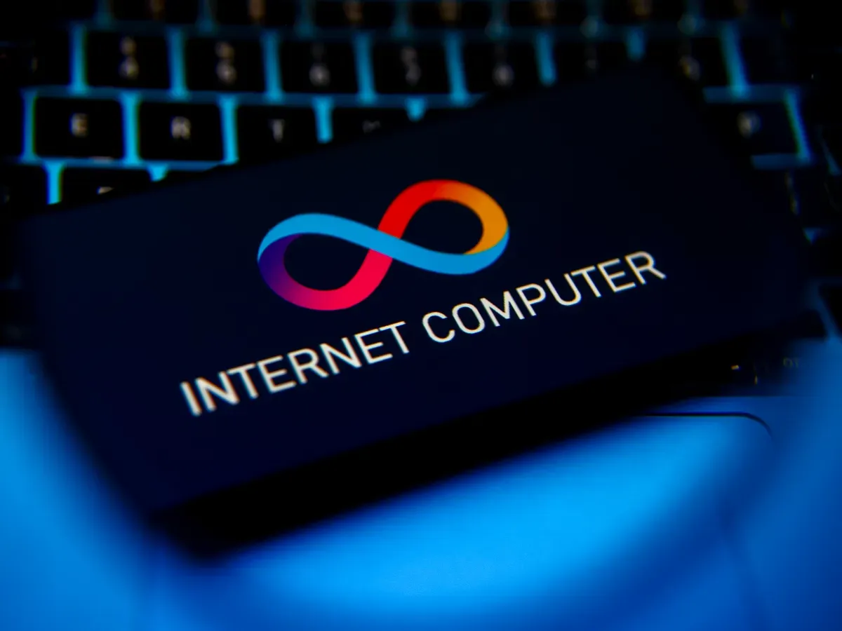 nternet Computer logo is screened on a mobile phone for illustration photo. Krakow, Poland on April 9th, 2024 (Photo by Beata Zawrzel/NurPhoto via Getty Images)