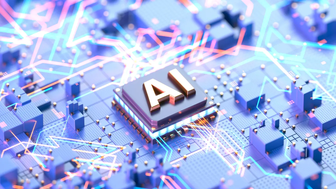 Close-up of an AI chip on a futuristic circuit board, highlighting artificial intelligence technology and digital connections. 3D illustration. 