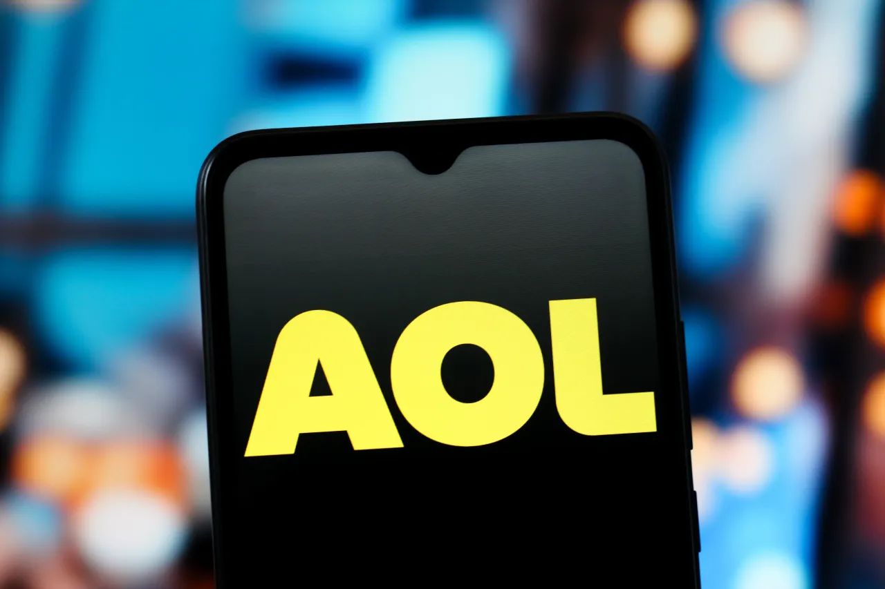 In this photo illustration, the AOL logo is seen displayed on a smartphone screen