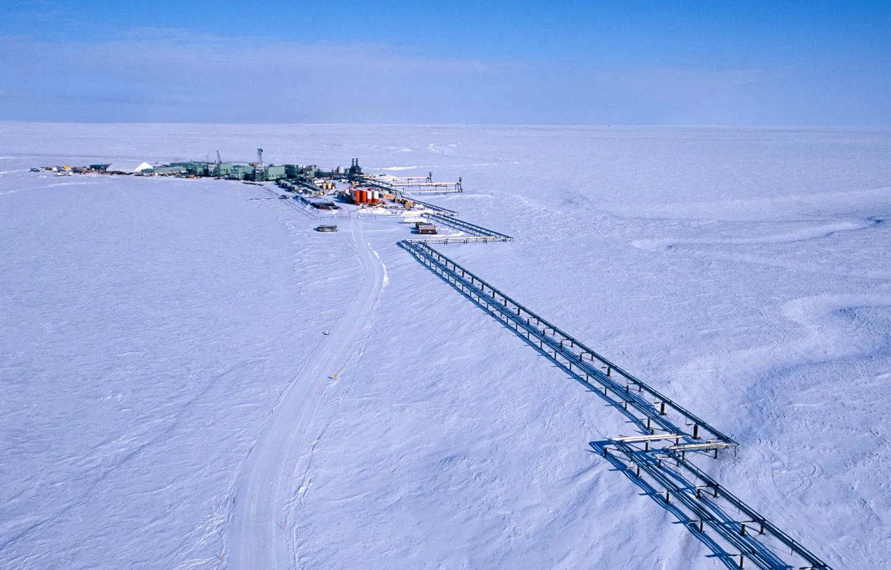 Aerial view of oil facilities in Prudhoe Bay on the North Slope just on the edge of the Arctic National Wildlife Refuge on March 28th, 2002 in Alaska, United States. (Photo by Simon Bruty/Anychance/Getty Images)