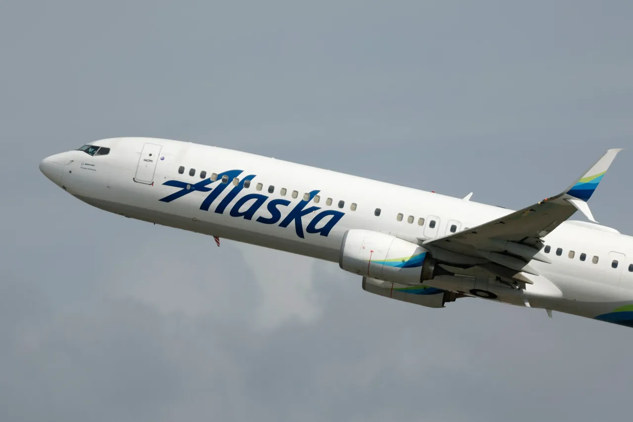 An Alaska Airlines Boeing 737 airplane departs Los Angeles International Airport en route to Washington D.C. on March 30, 2025 in Los Angeles, California.