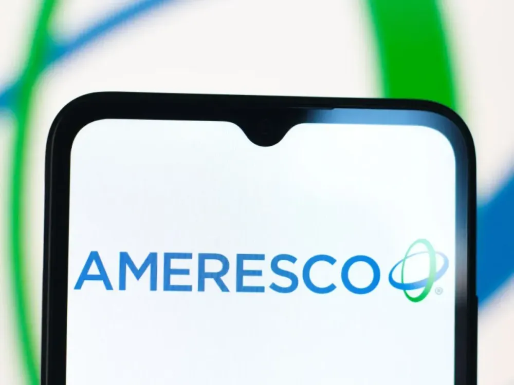 In this photo illustration, the Ameresco logo is seen displayed on a smartphone screen. (Photo Illustration by Thomas Fuller/SOPA Images/LightRocket via Getty Images)