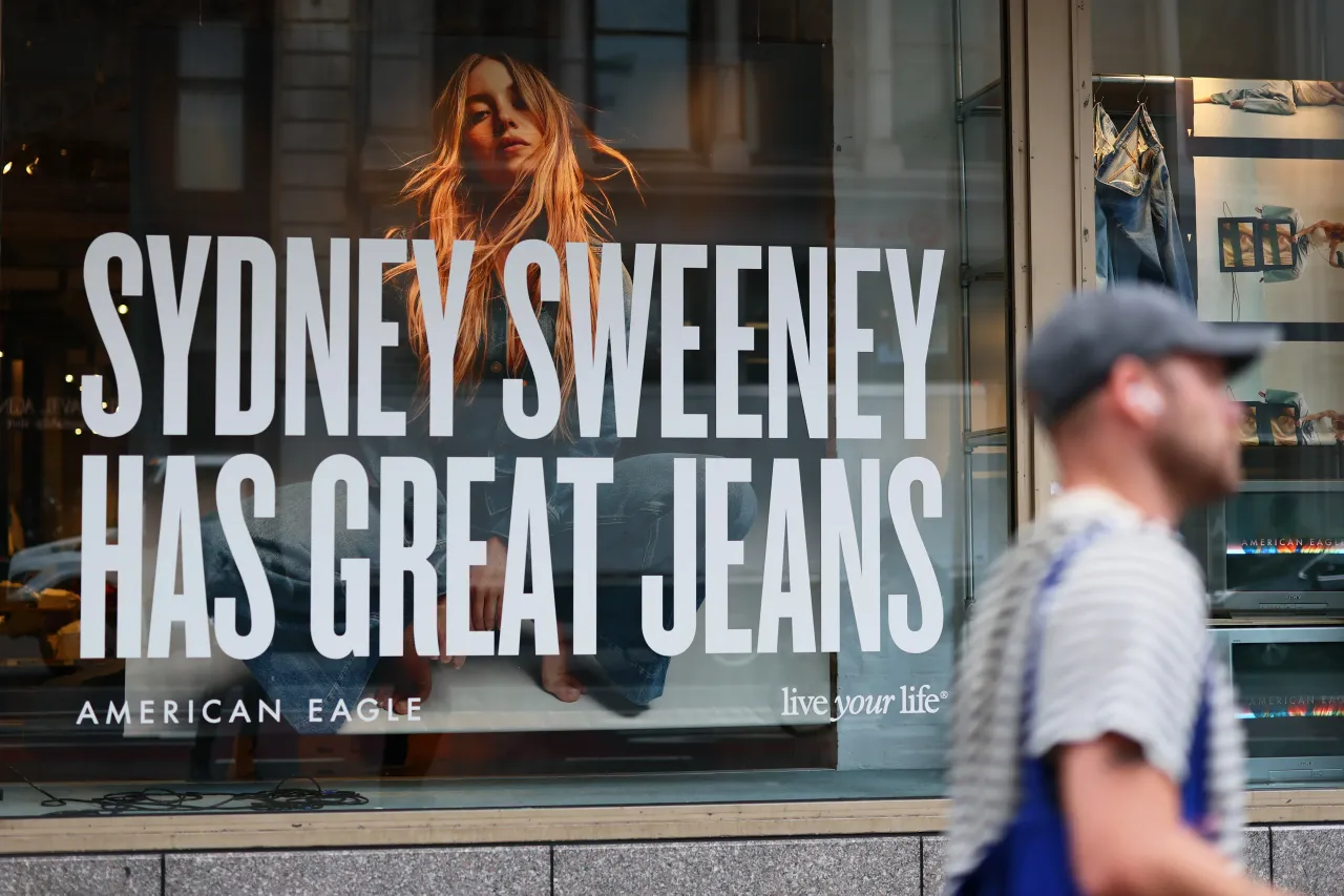 A window display of actress Sydney Sweeney is seen on a window of an American Eagle store on August 01, 2025 in New York City.