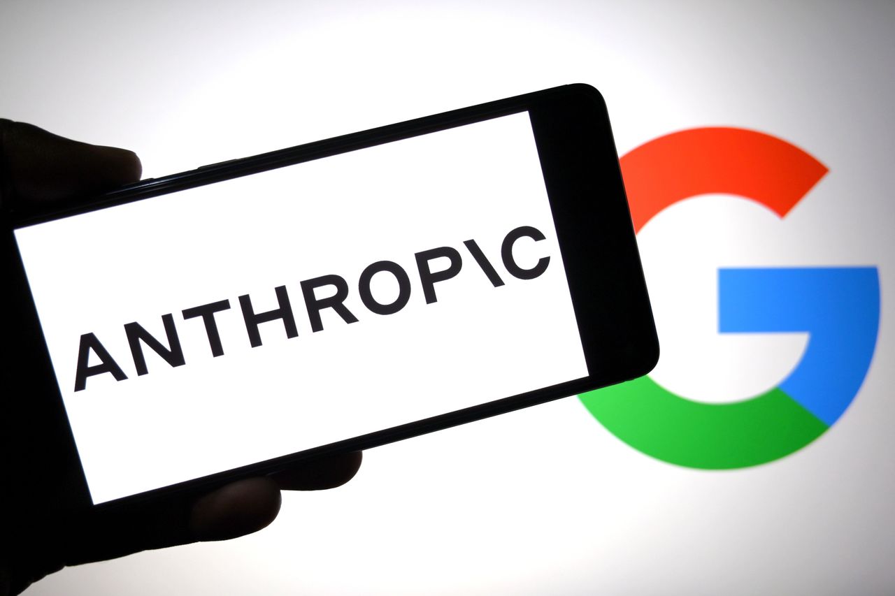 Anthropic logo is seen displayed on a smartphone with a Google logo in the background. (Photo Illustration by Avishek Das/SOPA Images/LightRocket via Getty Images)