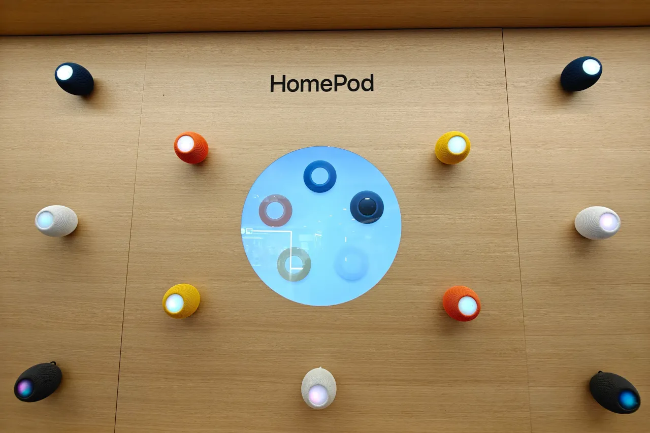 After the partial renovation and upgrade of the Apple Store, headphones, HomePod, phone cases, accessories, and other products are placed on the wall around the store, September 4, 2023, Shanghai, China.