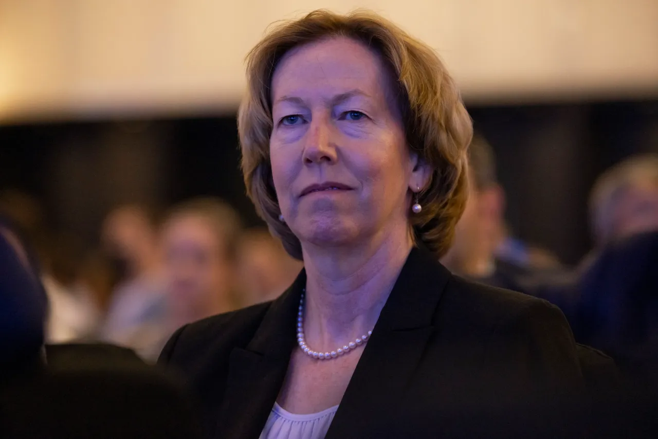 Woodside CEO Meg O'Neill is seen attending a Leadership Matters breakfast with Former Prime Minister John Howard on April 12, 2022 in Perth, Australia.