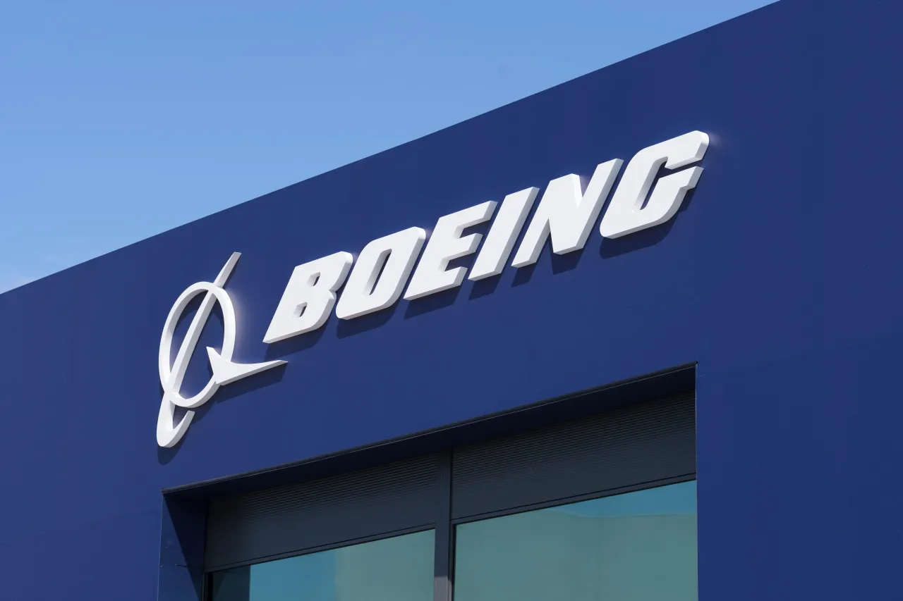 The Boeing logo at the Farnborough International Air Show, on 20th July 2026, in Farnborough, England. (Photo by Richard Baker / In Pictures via Getty Images)