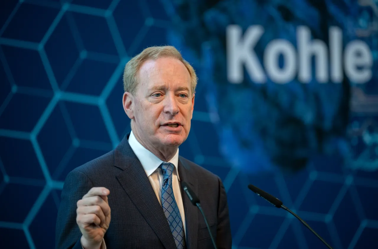 Brad Smith, President of Microsoft, speaks at a press conference at the Representation of the State of North Rhine-Westphalia (NRW) about artificial intelligence development and application in education.