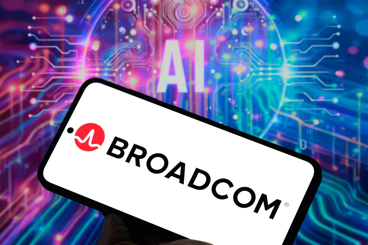 The Broadcom Ink logo is displayed on a mobile phone in this photo illustration in Brussels, Belgium, on September 2, 2025. 
