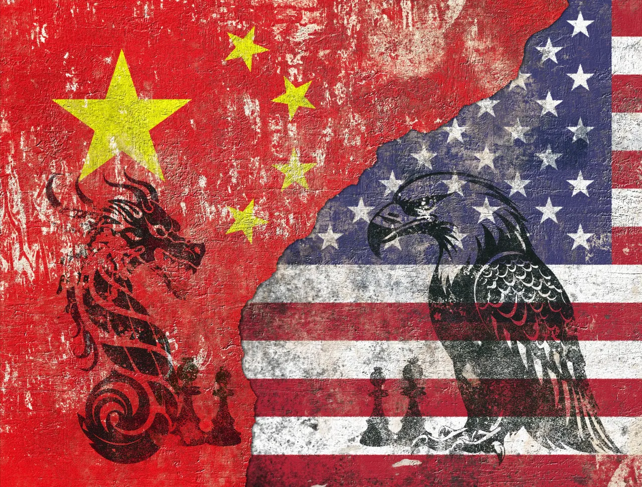 China flag with American Flag, American Eagle and Chinese Dragon playing with chess figures.