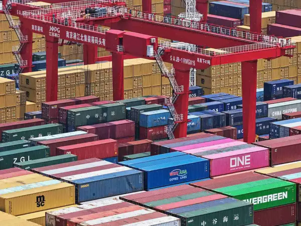 Containers pile up at Jiangbei Container Terminal of Nanjing Port in Nanjing City, Jiangsu Province, China, on June 3, 2025. (Photo by Costfoto/NurPhoto via Getty Images)