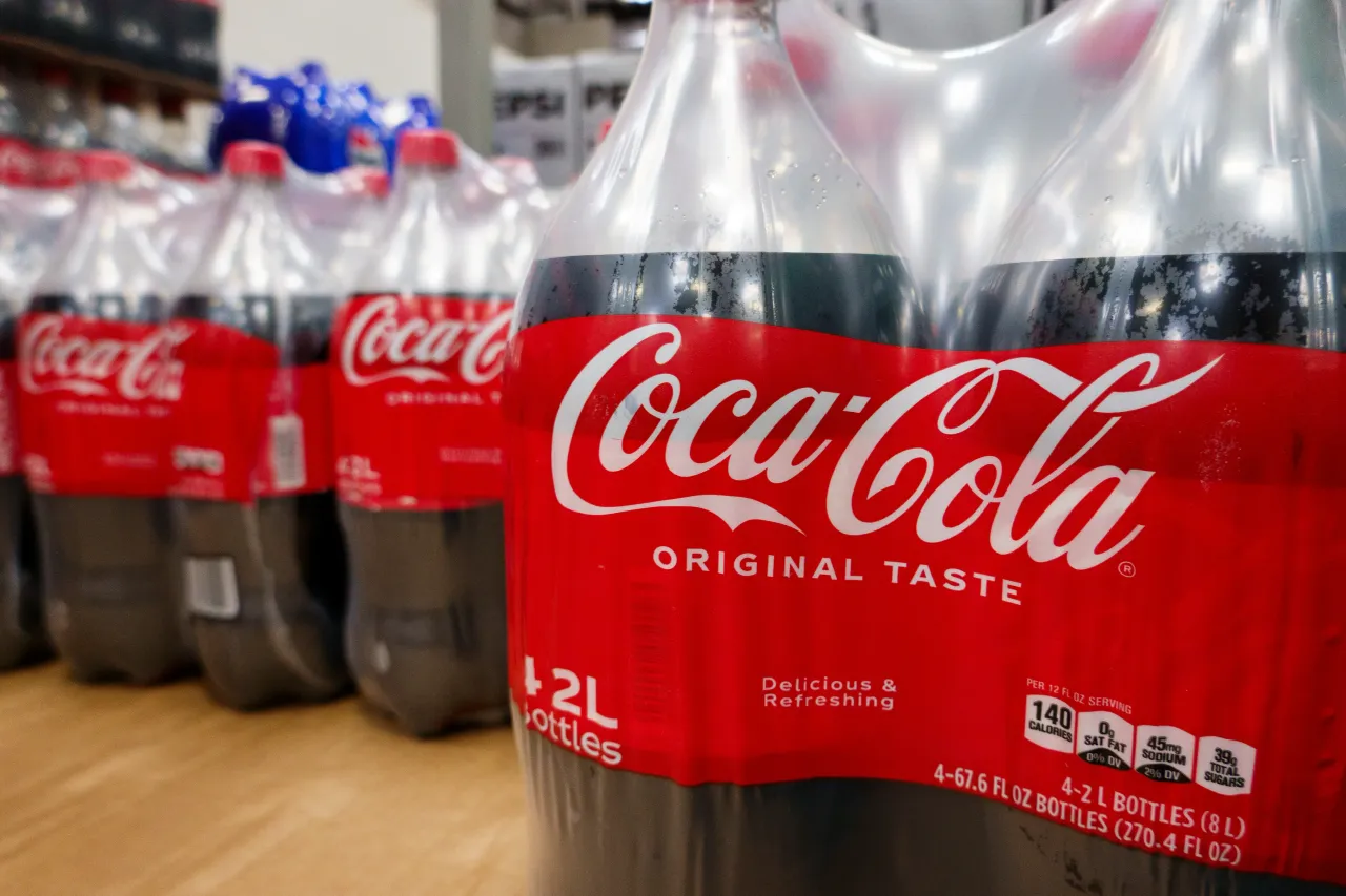 Two-liter bottles of Coca-Cola soda are displayed at a Costco Wholesale store on April 27, 2025 in San Diego, California.