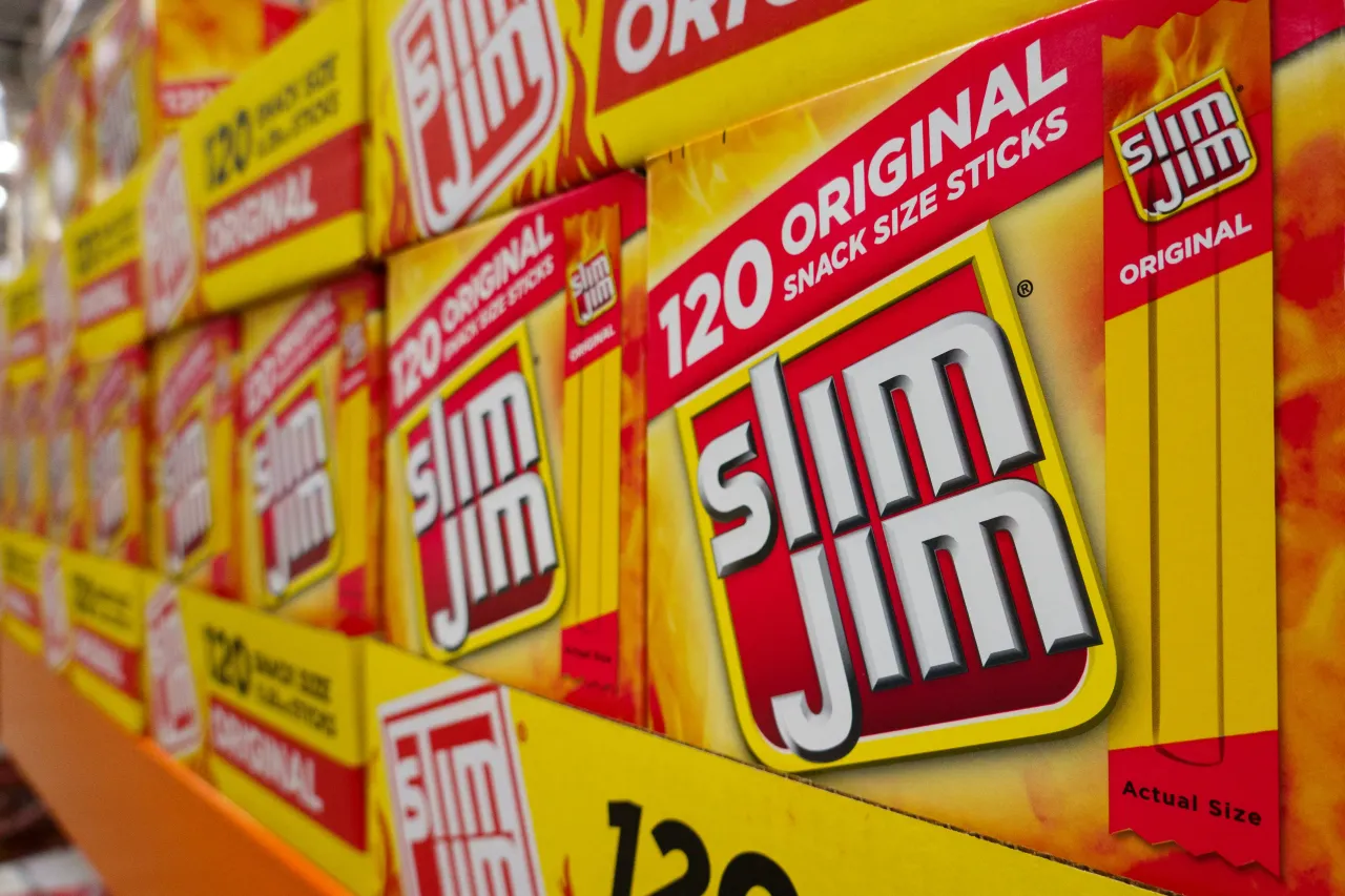Boxes of Slim Jim Smoked Snack Stick are stacked at a Costco Wholesale store on April 27, 2025 in San Diego, California. 