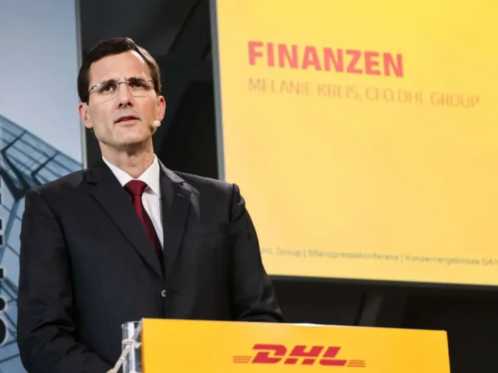 obias Meyer, CEO of DHL and Deutsche Post, speaks at the annual press conference. (Photo by Oliver Berg/picture alliance via Getty Images)