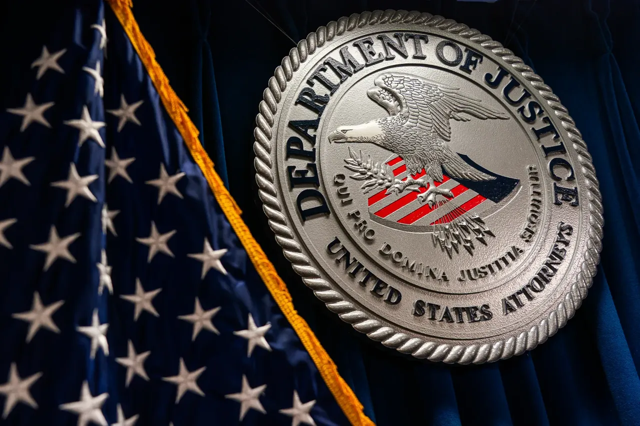 A Department of Justice seal inside of the John Joseph Moakley United States Courthouse on February 3, 2026. (Photo by Finn Gomez/The Boston Globe via Getty Images)