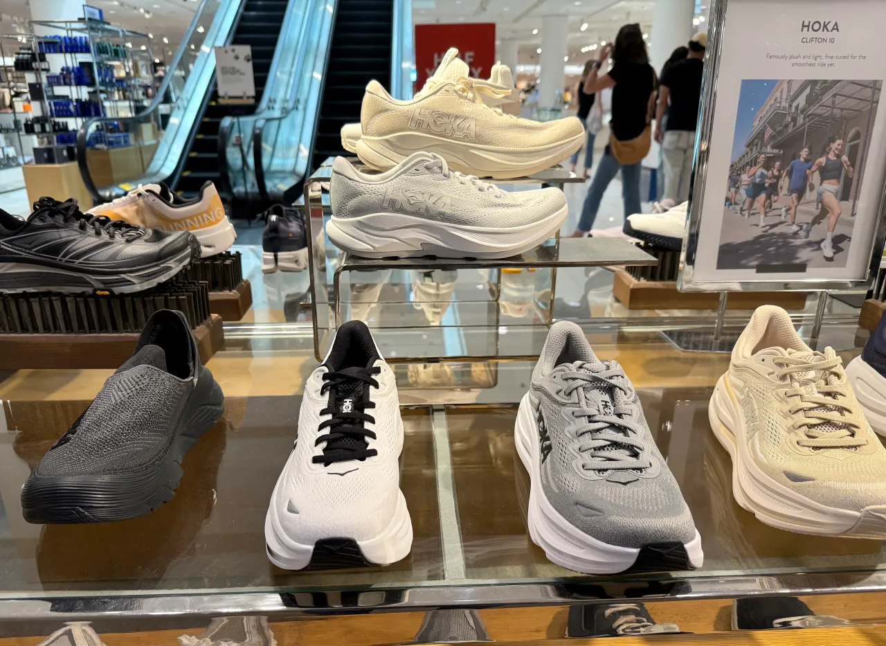 Hoka shoes are displayed on a shelf at a Nordstrom store on May 23, 2025 in Corte Madera, California.