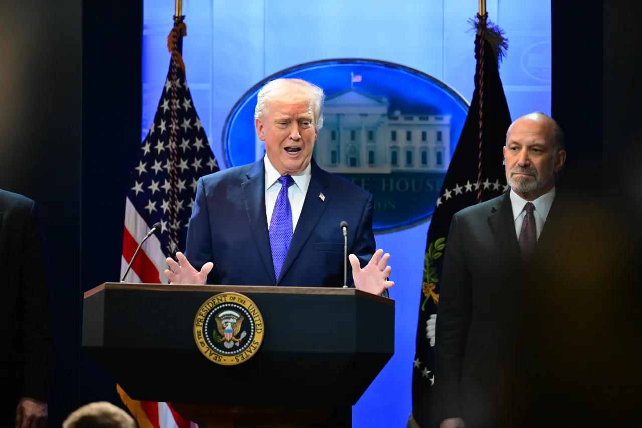 US President Donald Trump speaks during a press conference at the White House, Washington, D.C., US on February 20, 2026. (Photo by Kyle Mazza/Anadolu via Getty Images)