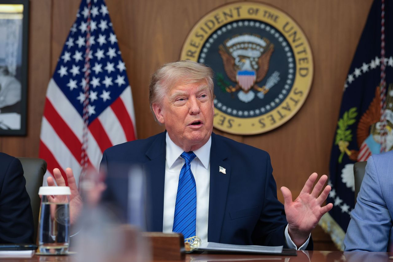 Donald Trump answers questions from reporters during a Cabinet meeting on July 31, 2026 in Camp David, Maryland. (Photo by Anna Moneymaker/Getty Images)