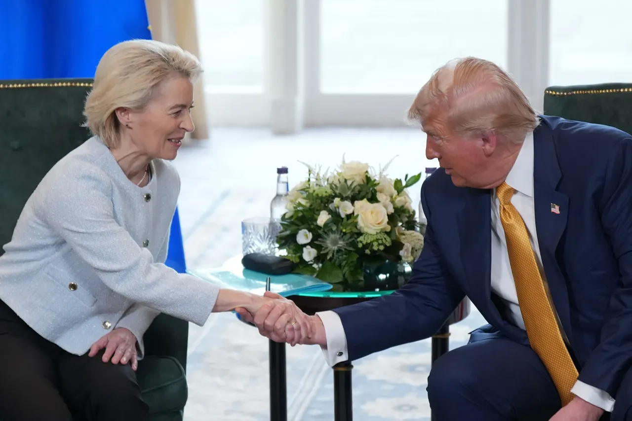 President of the European Commission Ursula von der Leyen shakes hands with U.S. President Donald Trump during a meeting at Trump Turnberry golf club on July 27, 2025, in Turnberry, Scotland. 