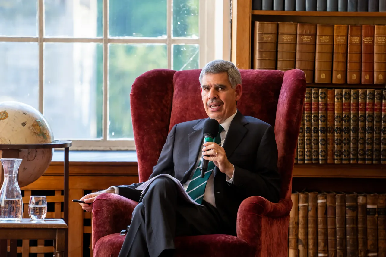 Dr. Mohamed El-Erian, President of Queens' College Cambridge, speaks during a conversation with Dambisa Moyo, Baroness Moyo, during her visit to The Cambridge Union on May 11, 2023. 