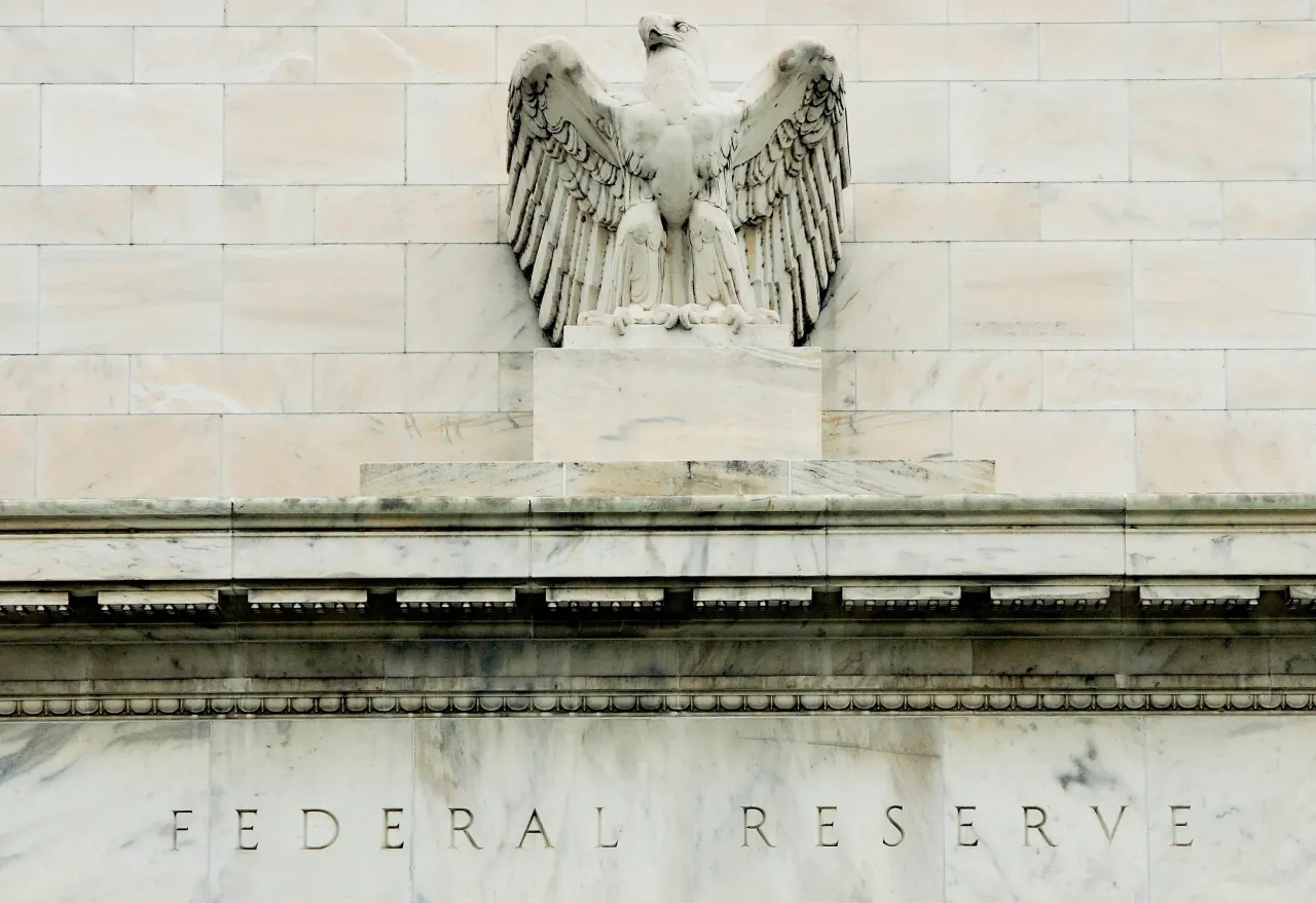 An eagle adorns the facade of the U.S. Federal Reserve building August 9, 2005, in Washington, DC. 