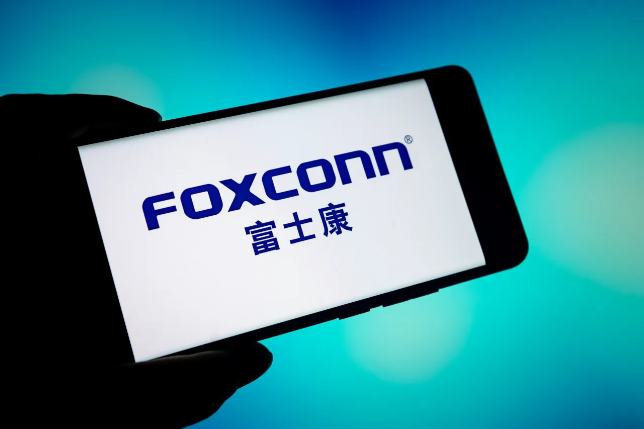 In this photo illustration, the logo of Foxconn is displayed on a smartphone screen on July 3, 2025 in Chongqing, China. 