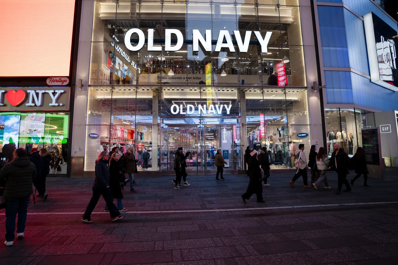  A view of people walking in front of an Old Navy store in Times Square on March 04, 2025 in New York City.