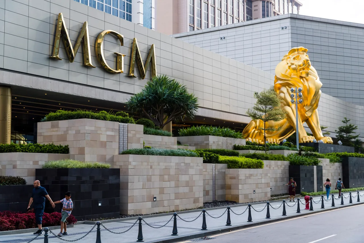 A lion statue stands outside of the MGM Cotai casino resort in Macau on July 18, 2018. (Photo by S3studio/Getty Images)