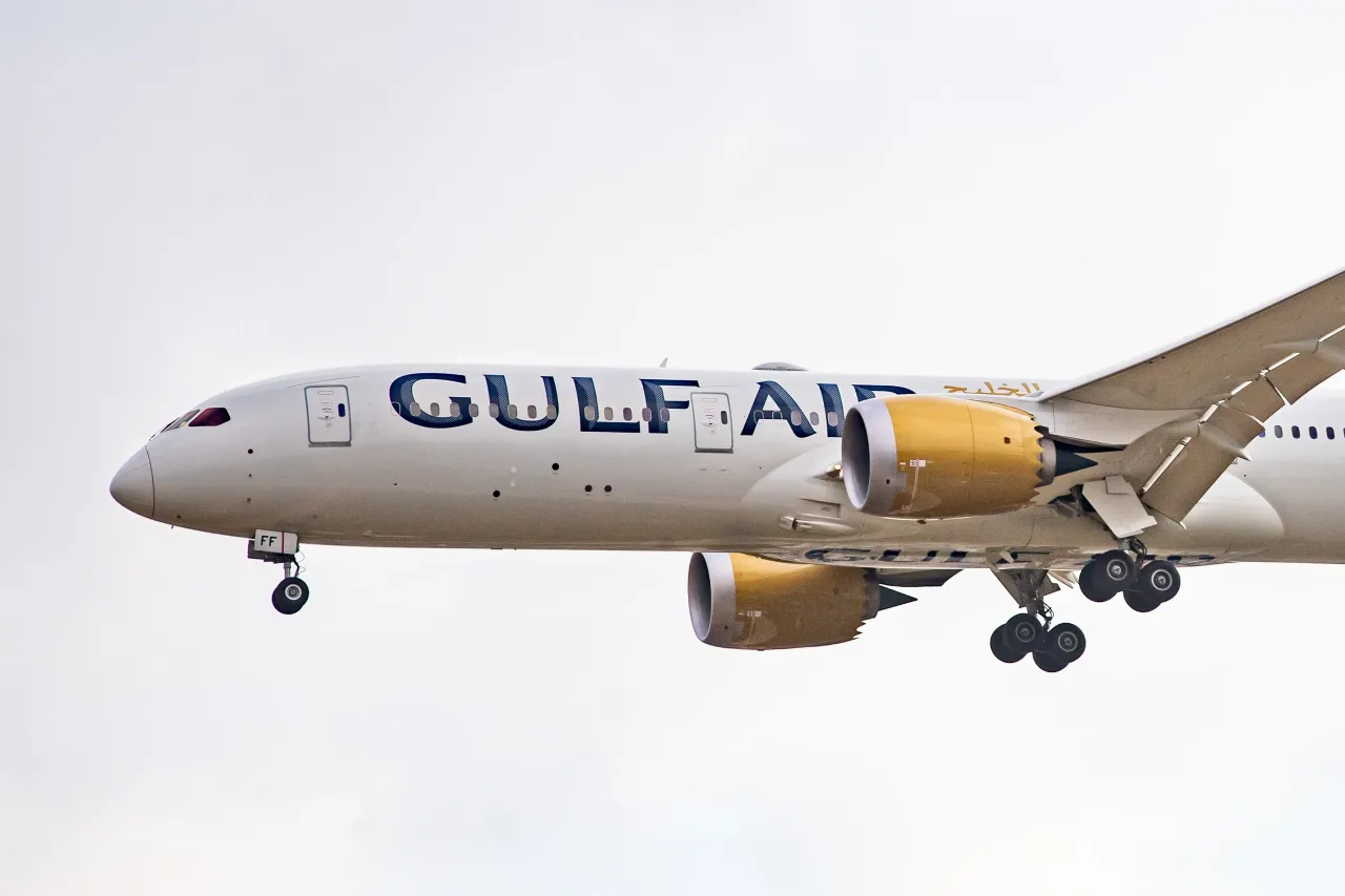 Gulf Air Boeing 787-9 Dreamliner aircraft as seen on final approach landing at London Heathrow International Airport EGLL LHR, during a cloudy morning in the day.