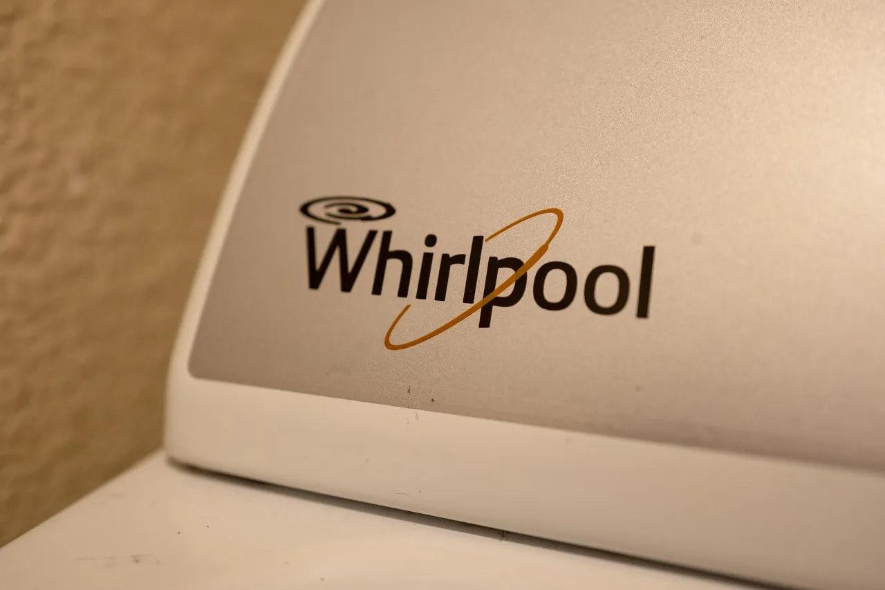 Close-up of logo for appliance company Whirlpool on a clothes dryer in a domestic room, August 21, 2019. (Photo by Smith Collection/Gado/Getty Images)