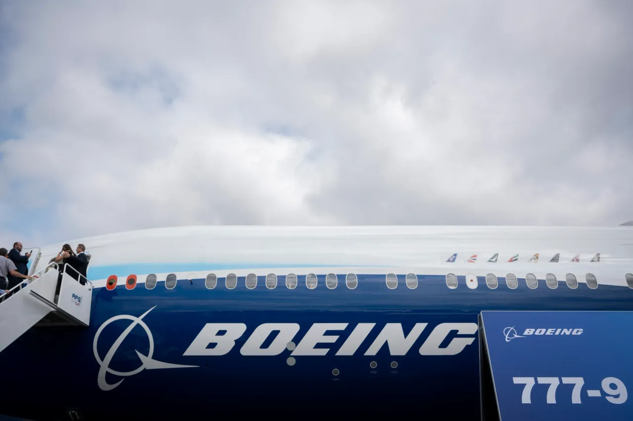 An exterior of a Boeing 777X at the Farnborough Airshow, on 20th July 2022, at Farnborough, England