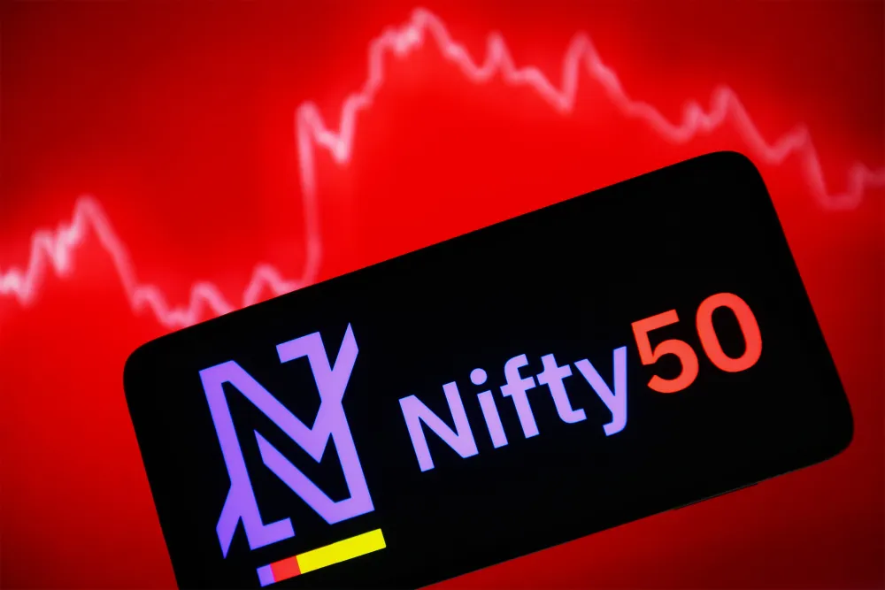 In this photo illustration, NIFTY 50 logo of a benchmark Indian stock market index is seen on a smartphone screen. (Photo Illustration by Pavlo Gonchar/SOPA Images/LightRocket via Getty Images)
