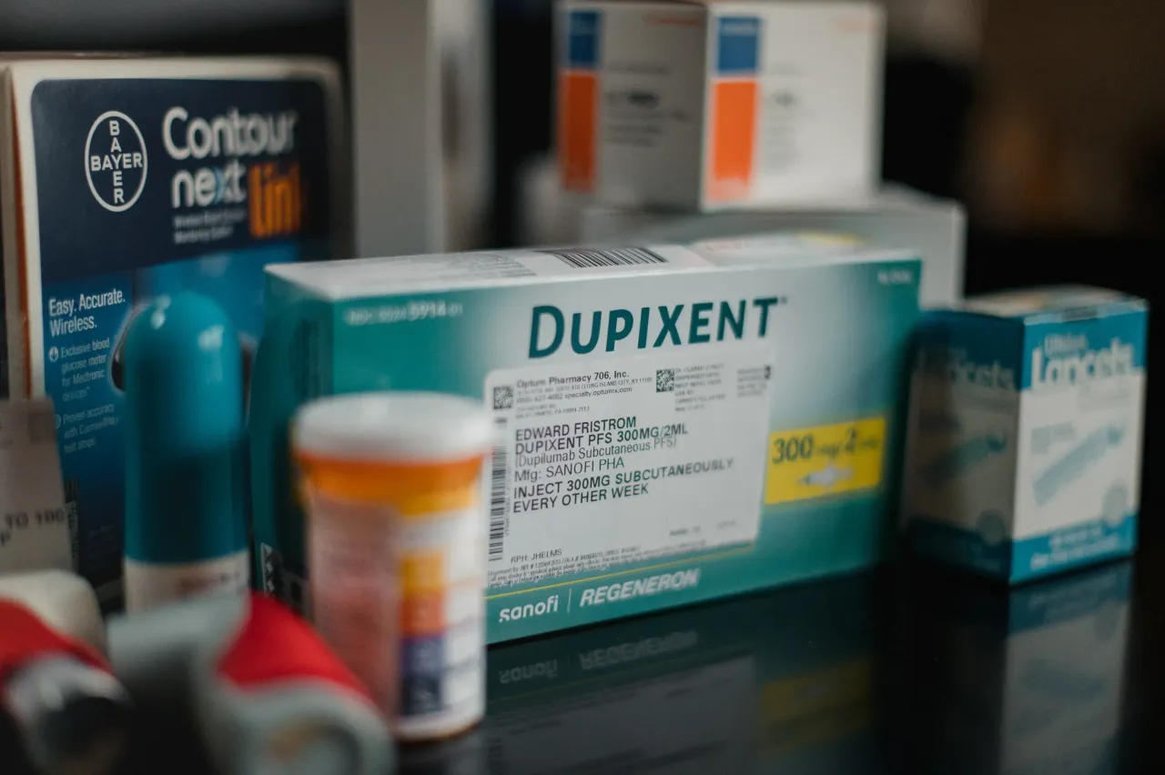 Various asthma and nasal polyps medications, including Dupixent, are seen at Ted Fristrom's home in Bala Cynwyd, PA., on Monday, March 13, 2023. (Photo by Hannah Yoon for The Washington Post via Getty Images)
