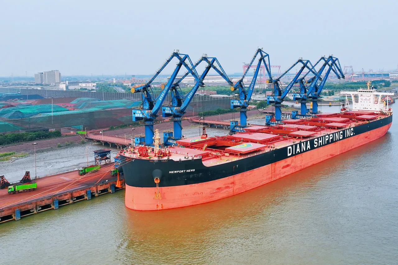A Marshall Islands-registered "DIANA SHIPING" is docked for unloading at Rugao Port in Rugao City, Jiangsu province, China. (Photo credit should read CFOTO/Future Publishing via Getty Images)
