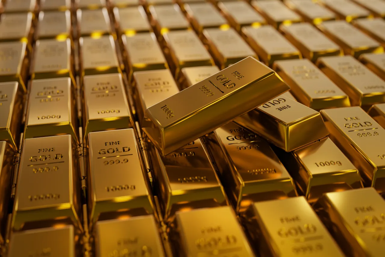 A 3D illustration of two gold bars laying on regular stacked layer of 1kg 999,9 fine gold bar ingots. 