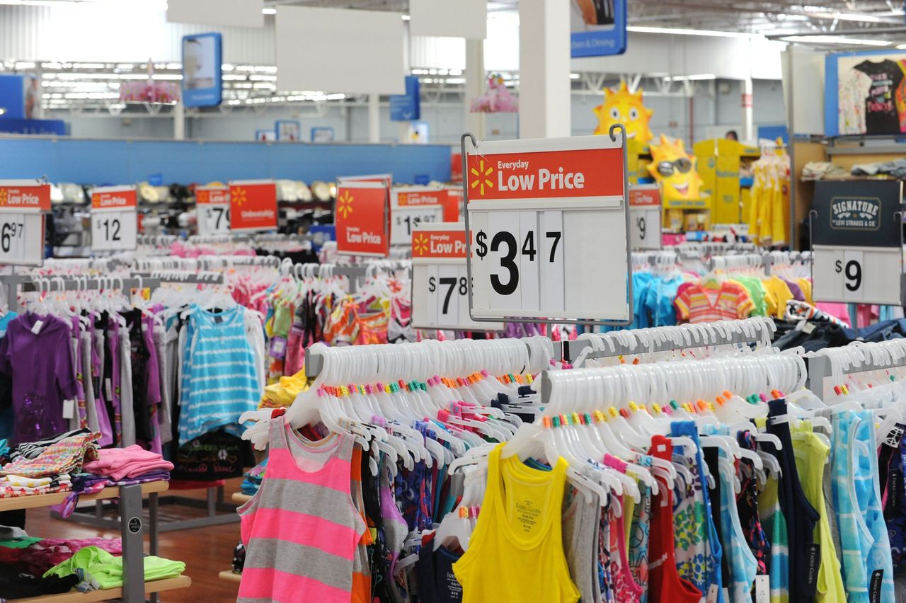 Consumer clothing products for sale at Walmart store in Rosemead, California.