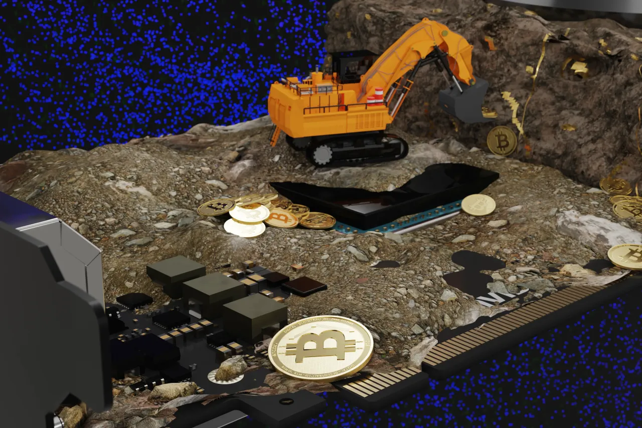 Gold bitcoins with toy earth mover - stock photo