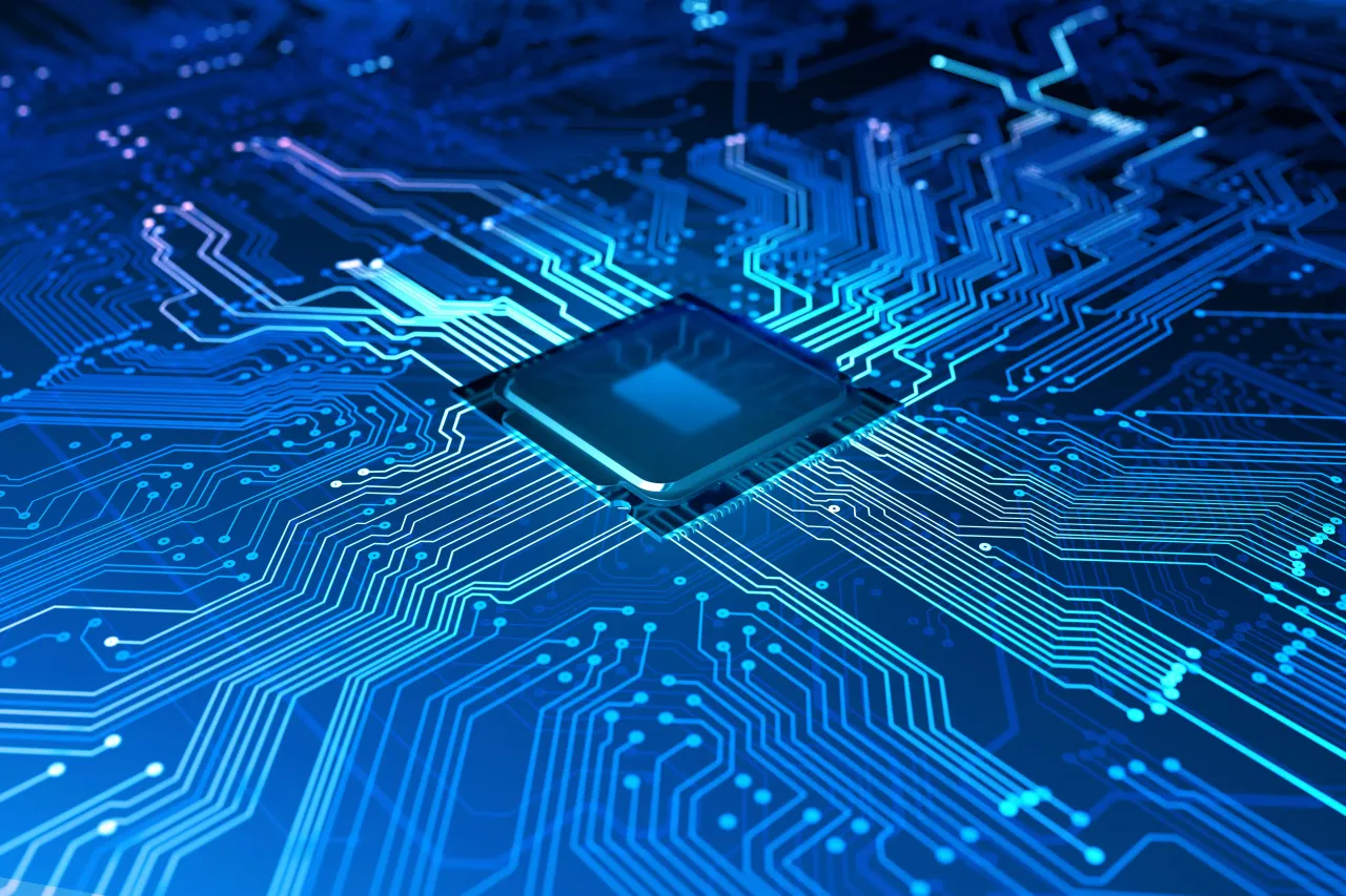 Semiconductor and circuit board with data flowing. (Stock Photo Source: Getty Images)