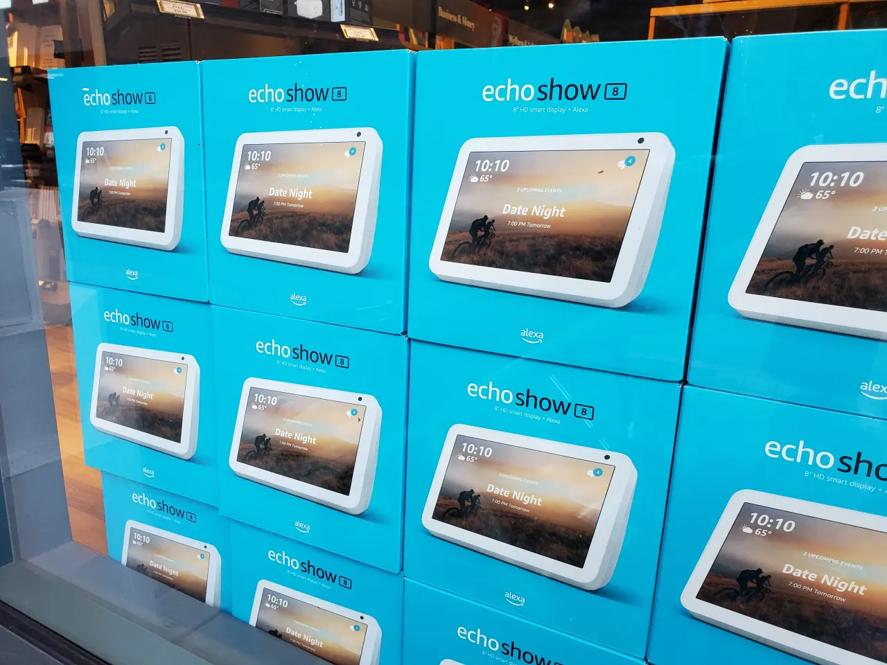 Stacked boxes of Amazon Echo Show smart speakers, in the Silicon Valley, San Jose, California, December 18, 2021. (Photo by Gado/Getty Images