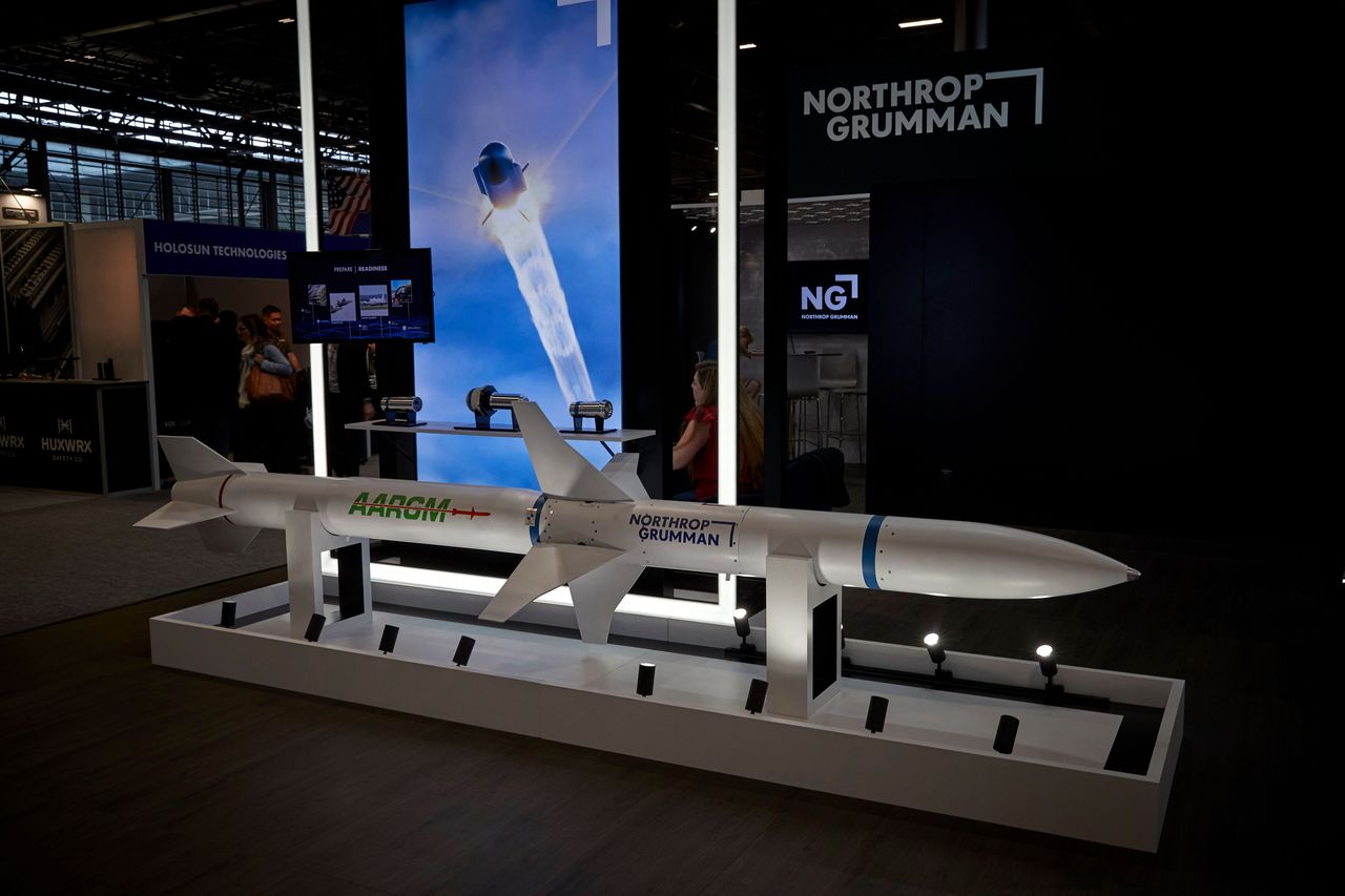 A missile on display on the Northrop Grumman stand at the Eurosatory International Defence and Security Exhibition.
