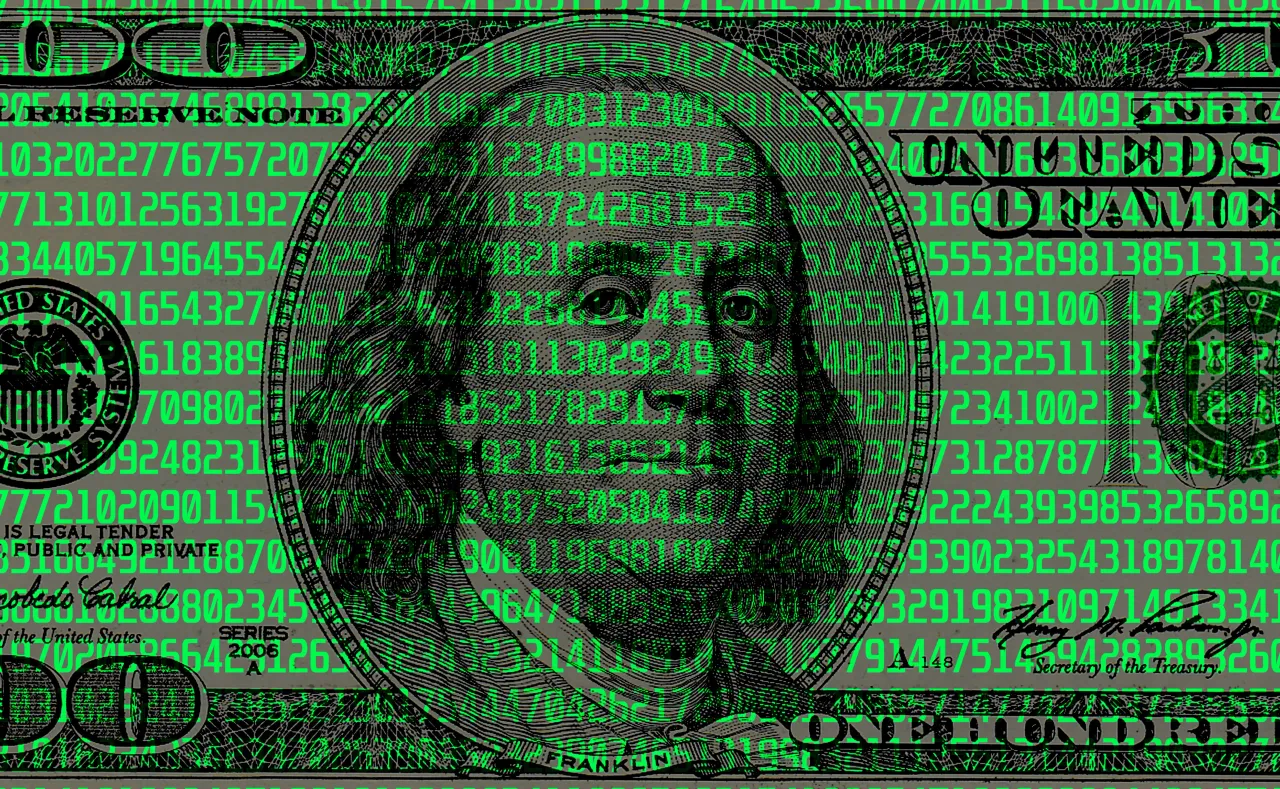 Digital code on the background of a 100 US dollar bill. Hacker attacks - stock photo