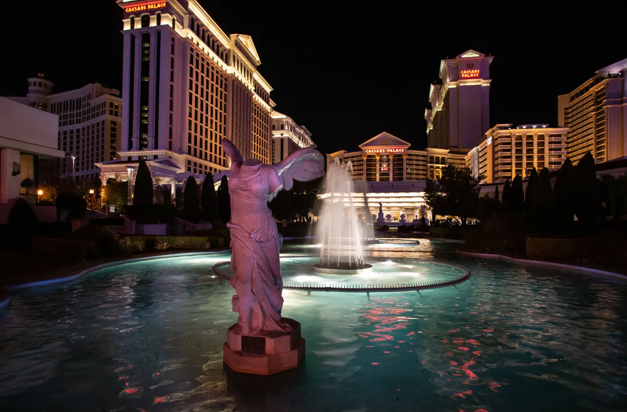 The exterior of Caesars Palace Hotel & Casino on February 10, 2023 in Las Vegas, Nevada. (Photo by George Rose/Getty Images)