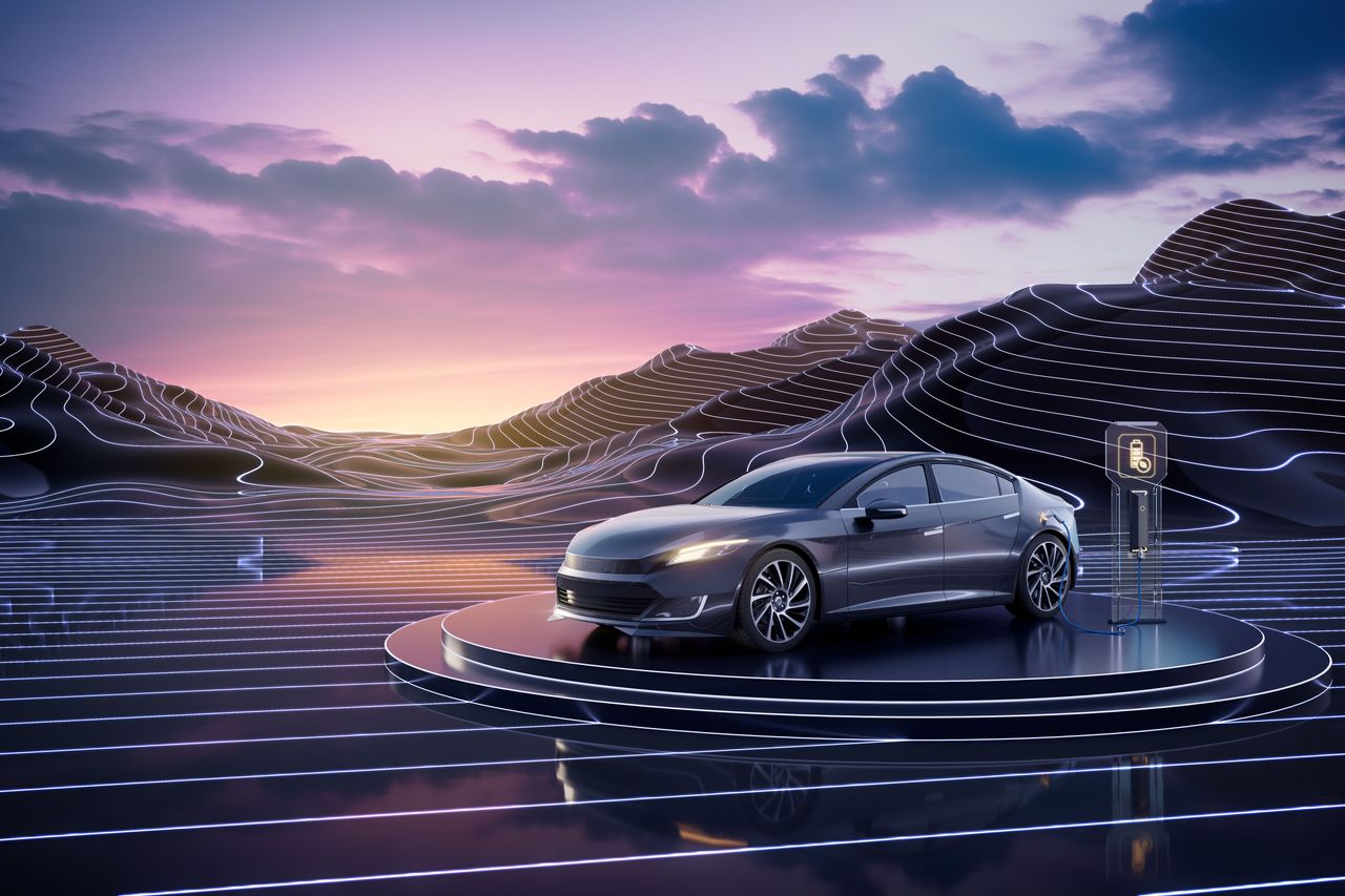 Electric car charging in landscape built of topopraphic lines. Source: Getty Images